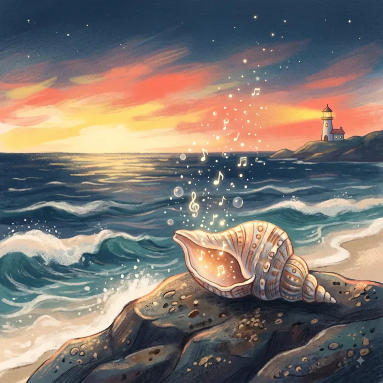 Una grande conchiglia su uno scoglio al tramonto, da cui escono note musicali luminose, con un faro sullo sfondo