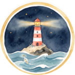 Logo di Mardam: un faro a strisce rosse e bianche su uno scoglio, di notte, con una bottiglia che galleggia sul mare