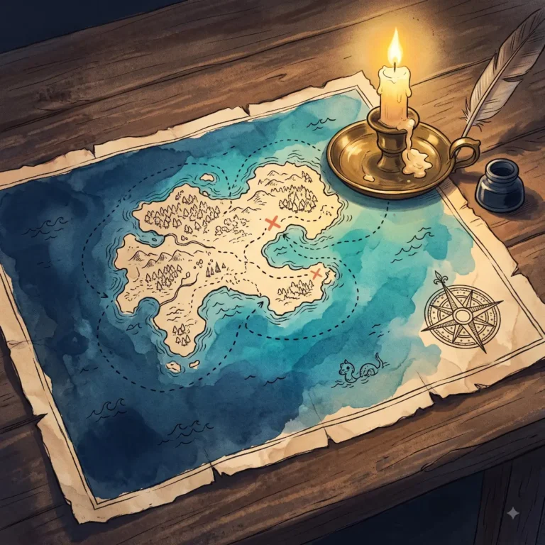 Mappa acquerellata di un'isola immaginaria su un tavolo di legno, con rotta tratteggiata, bussola, candela e penna d'oca